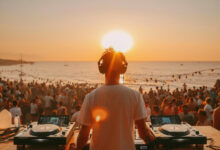 A festival crowd at sunset