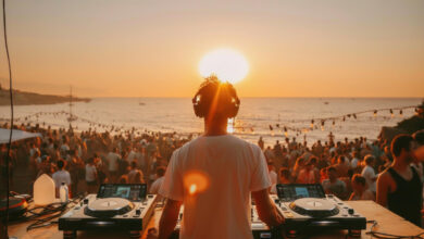 A festival crowd at sunset