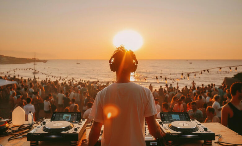 A festival crowd at sunset